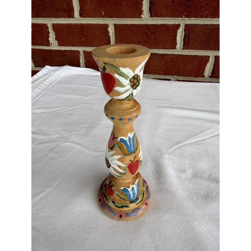 Candlestick Natural Wood HandPainted Flowers Cottage Core Chic